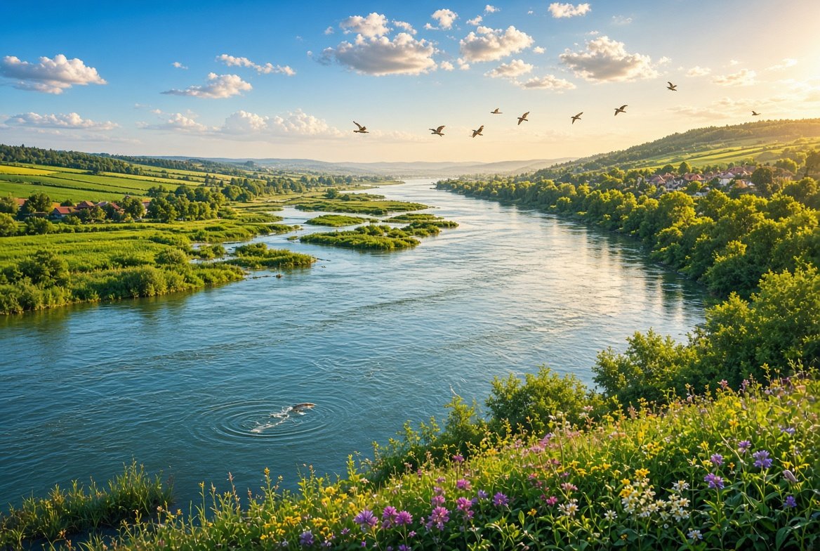 Living Danube at sunset — birds, islands, wildflowers