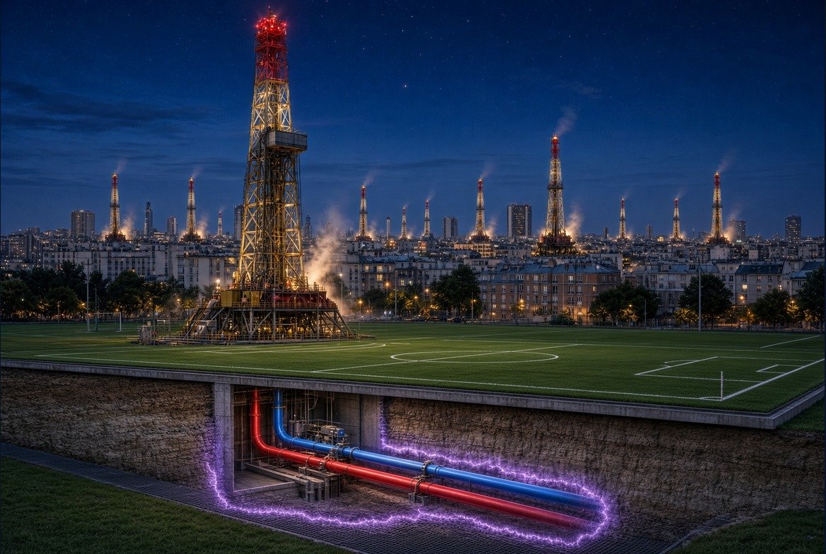 Urban geothermal drilling at night, closed-loop pipes under a pitch