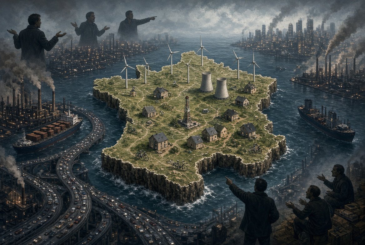 France-shaped island of wind, cooling towers, a village and bicycles, ringed by industry
