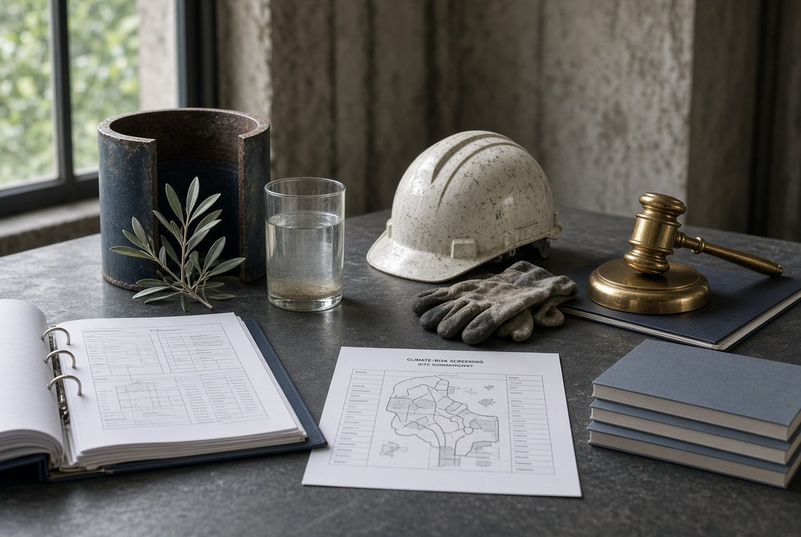 Core sample, olive, water, hard hat, work gloves, a gavel and a climate-risk screening sheet on one table