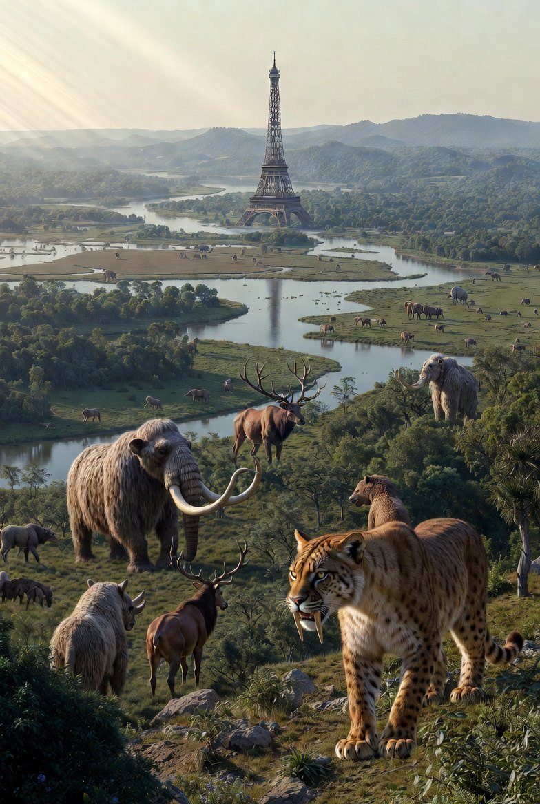 Quaternary Paris Basin reconstruction — Pleistocene megafauna, Eiffel Tower scale