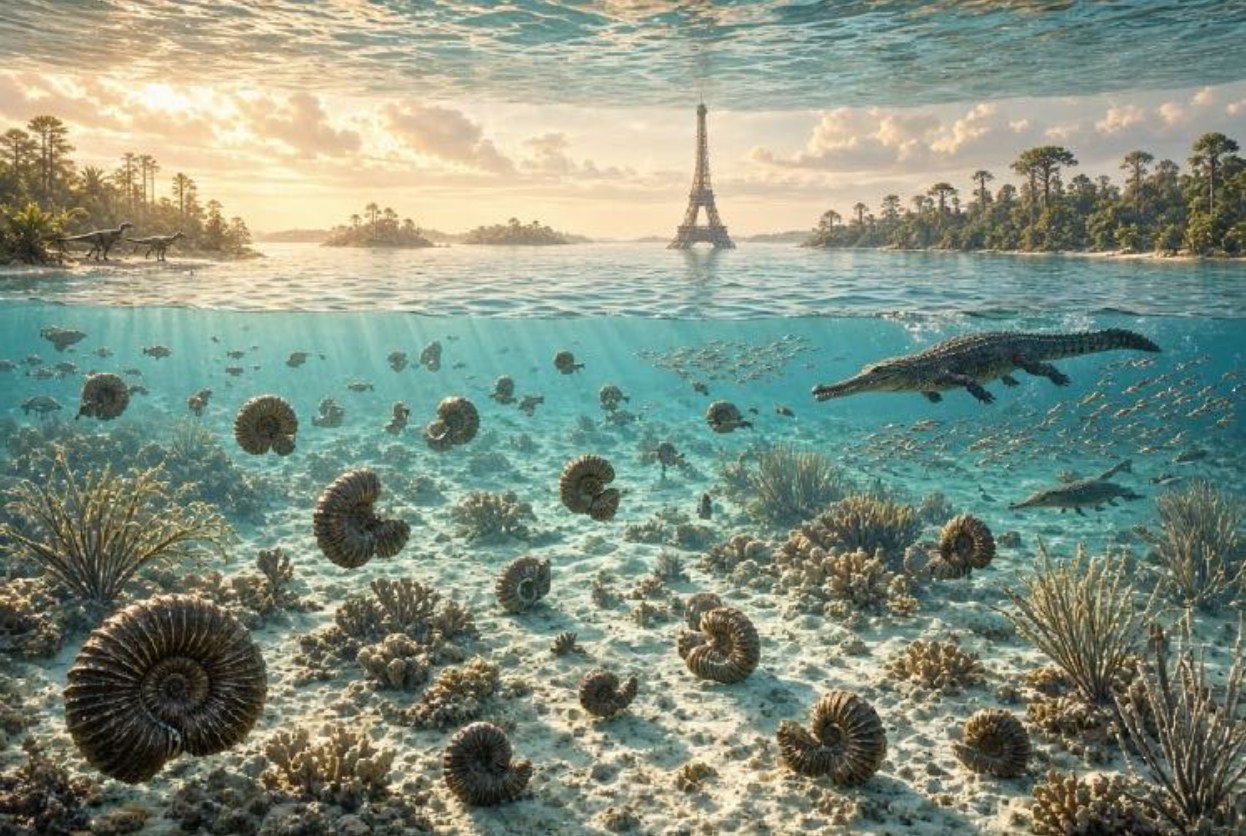 Bajocian reconstruction — shallow carbonate sea, ammonites, marine crocodile, anachronistic Eiffel Tower