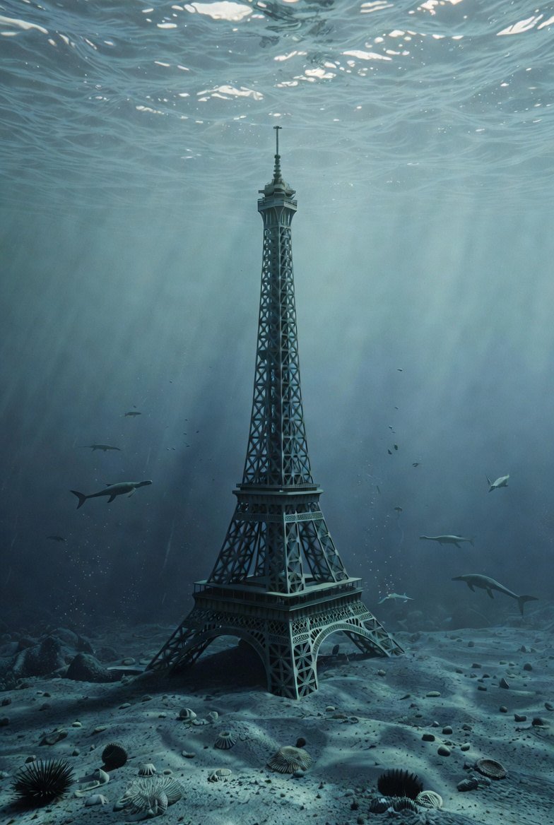 Callovian clay reconstruction — deeper quieter sea, anachronistic Eiffel Tower almost fully submerged