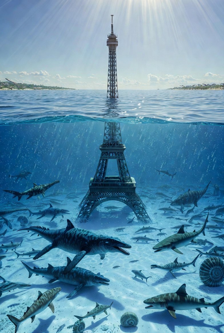 Cenomanian–Turonian chalk reconstruction — coccolith rain, mosasaurs, anachronistic Eiffel Tower almost fully submerged