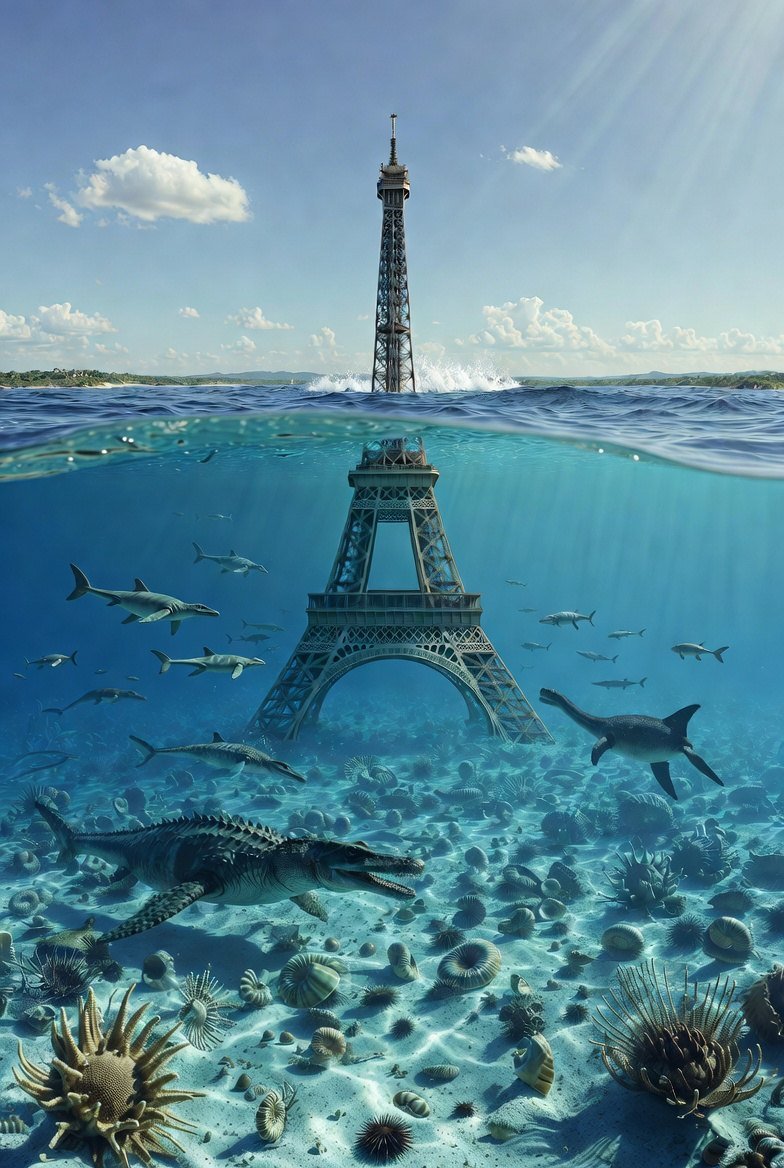 Dogger / Oolite Blanche reconstruction — tropical carbonate platform, anachronistic Eiffel Tower as a submersion memory mark