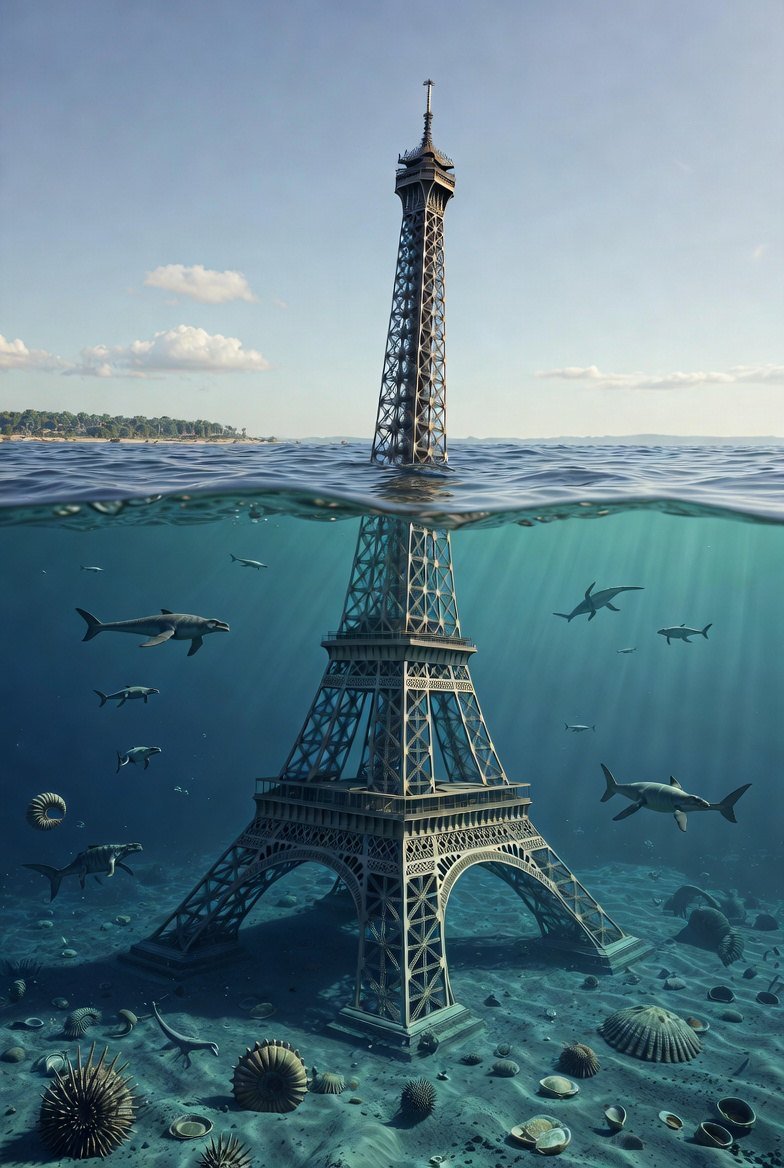 Gault / Albian reconstruction — condensed tropical sea, glauconite marker, anachronistic Eiffel Tower