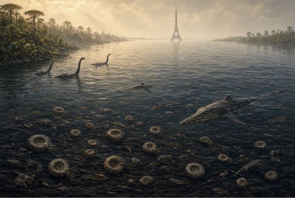 Toarcian reconstruction — dark restricted sea, ichthyosaur, plesiosaurs, ammonites, anachronistic Eiffel Tower
