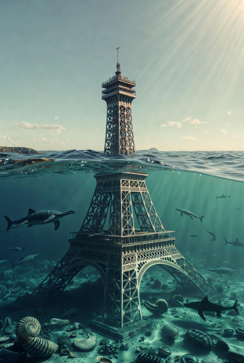 Neocomian reconstruction — epicontinental sea 50–100 m, anachronistic Eiffel Tower mostly submerged