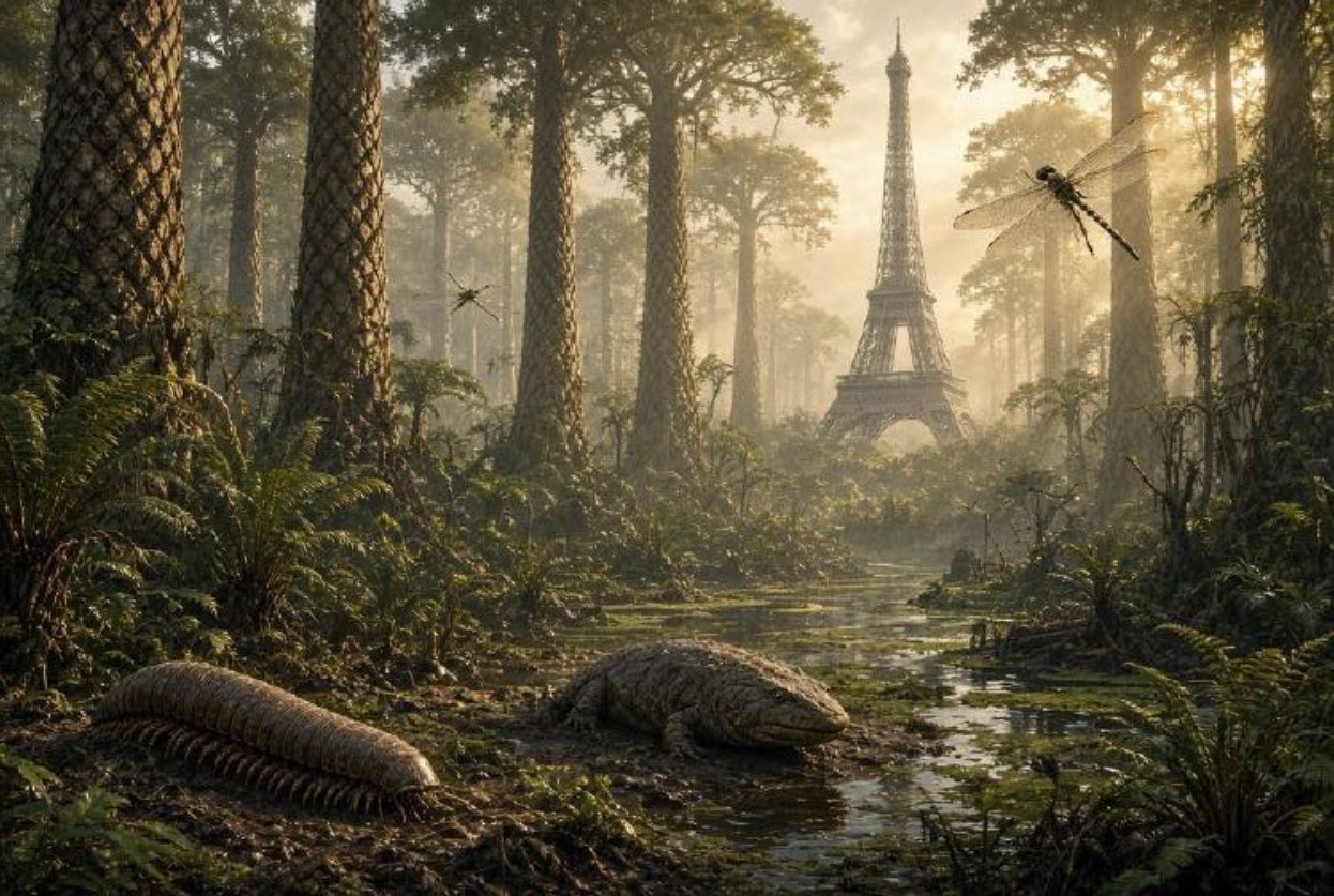 Permian–Carboniferous reconstruction — coal forest, Arthropleura, giant amphibian, fully visible anachronistic Eiffel Tower