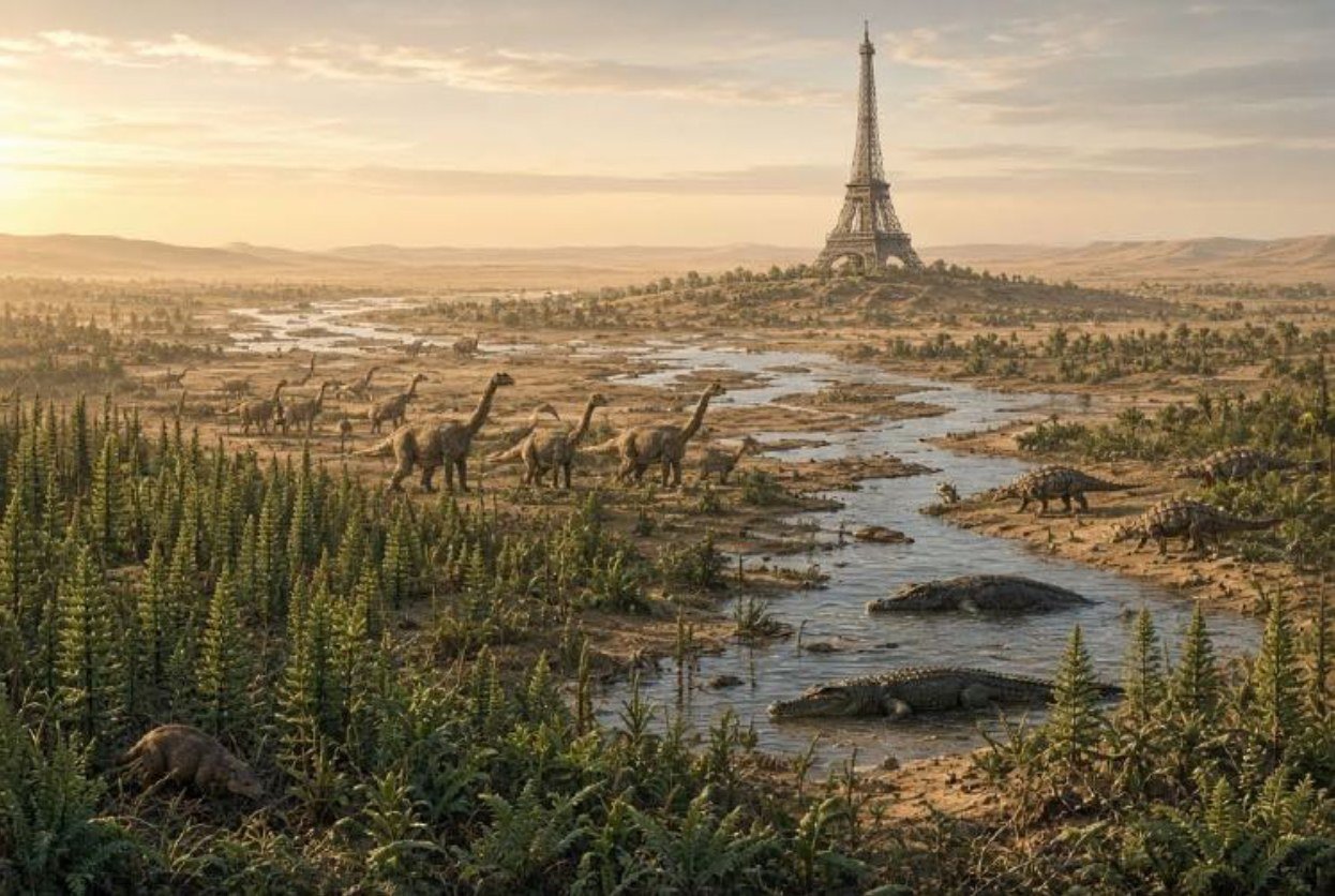 Triassic reconstruction — alluvial plains, sauropodomorphs, fully visible anachronistic Eiffel Tower